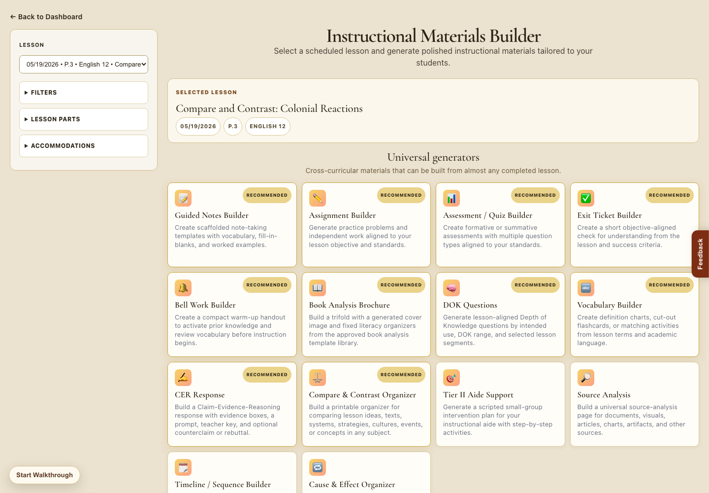 AI instructional materials builder with lesson selection and material generator cards