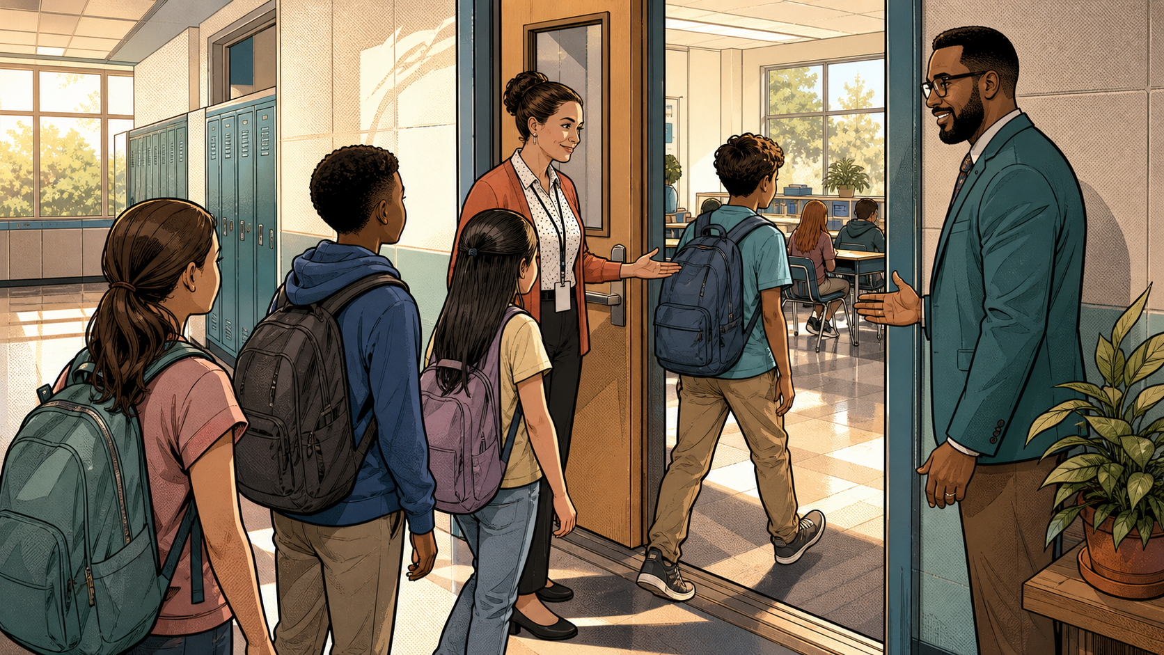 Illustration of a principal and teacher helping students practice a classroom entry routine