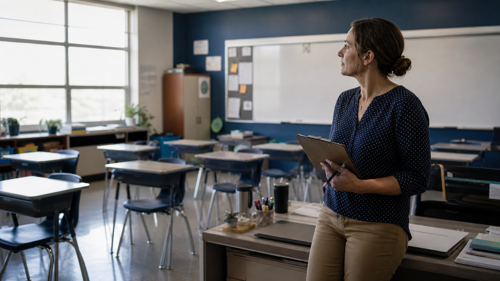 Educator reflecting with a clipboard in a calm empty classroom
