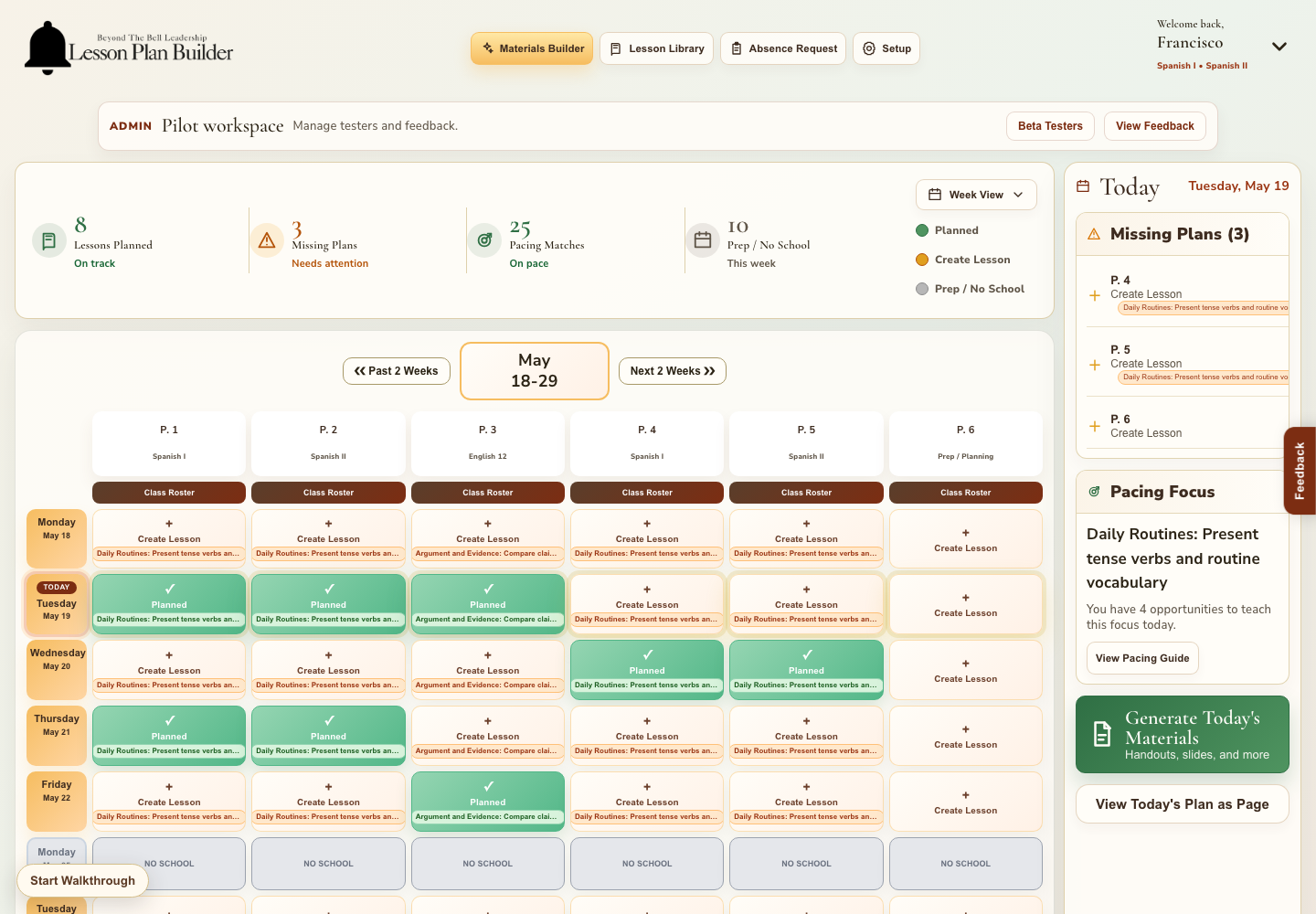 Teacher dashboard showing planned lessons, missing plans, pacing focus, and weekly schedule