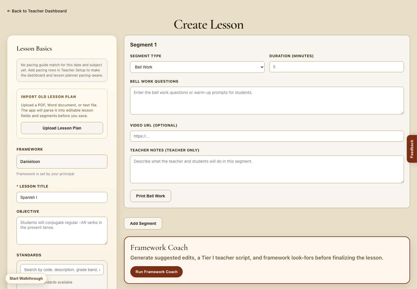 Create Lesson page with lesson basics, segments, objectives, standards, and framework coach