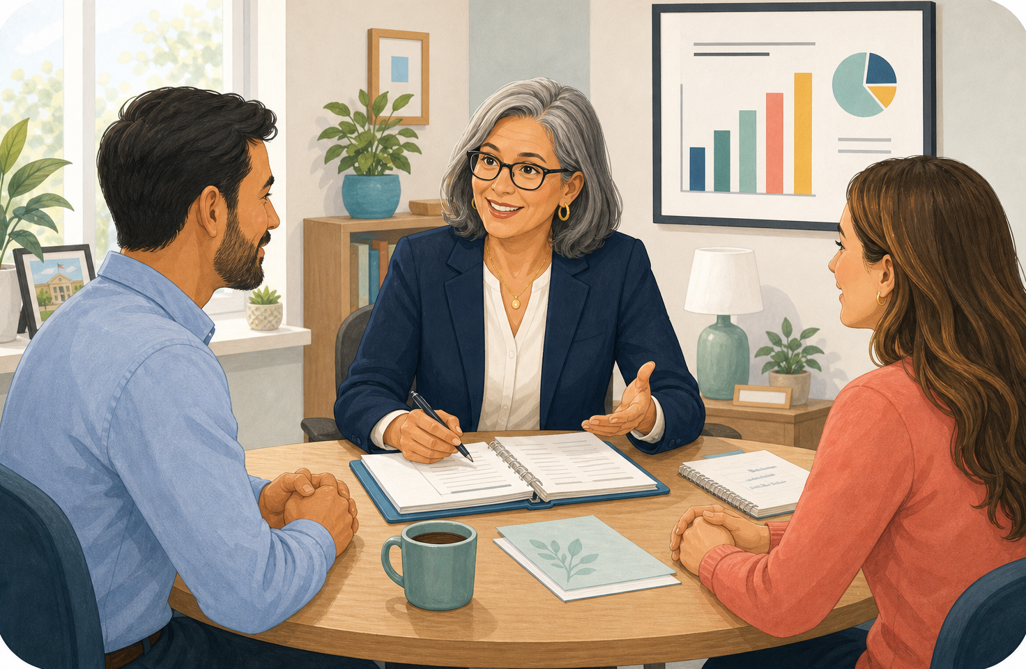 Illustration of a principal meeting with parents in an office