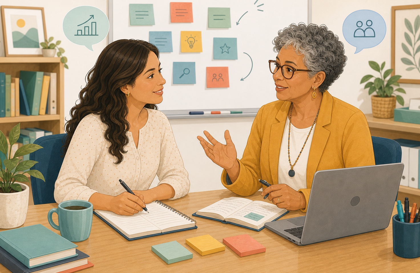 Illustration of an instructional coach and teacher meeting near a sticky-note board