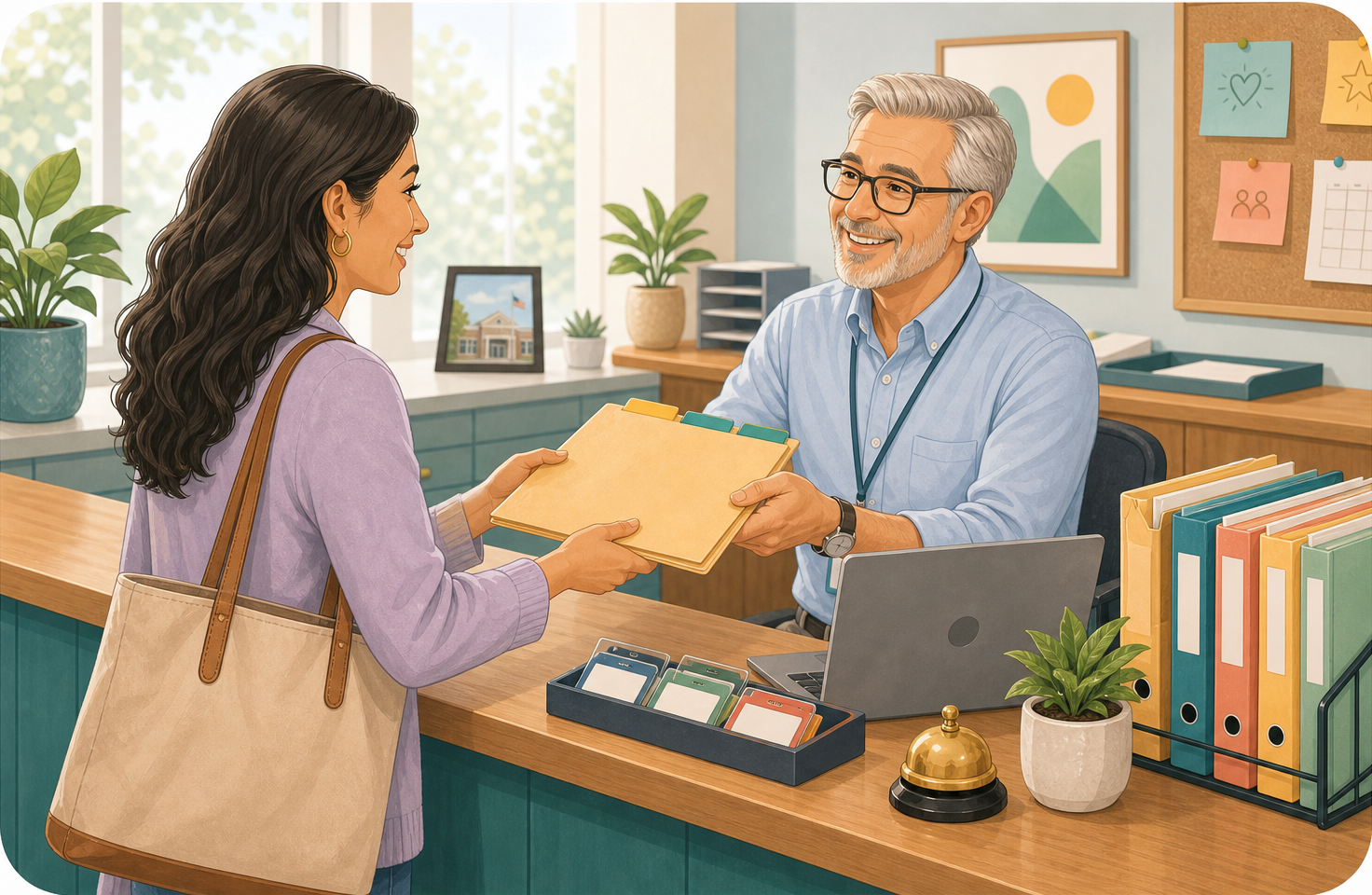 Illustration of a school secretary giving a substitute teacher a folder