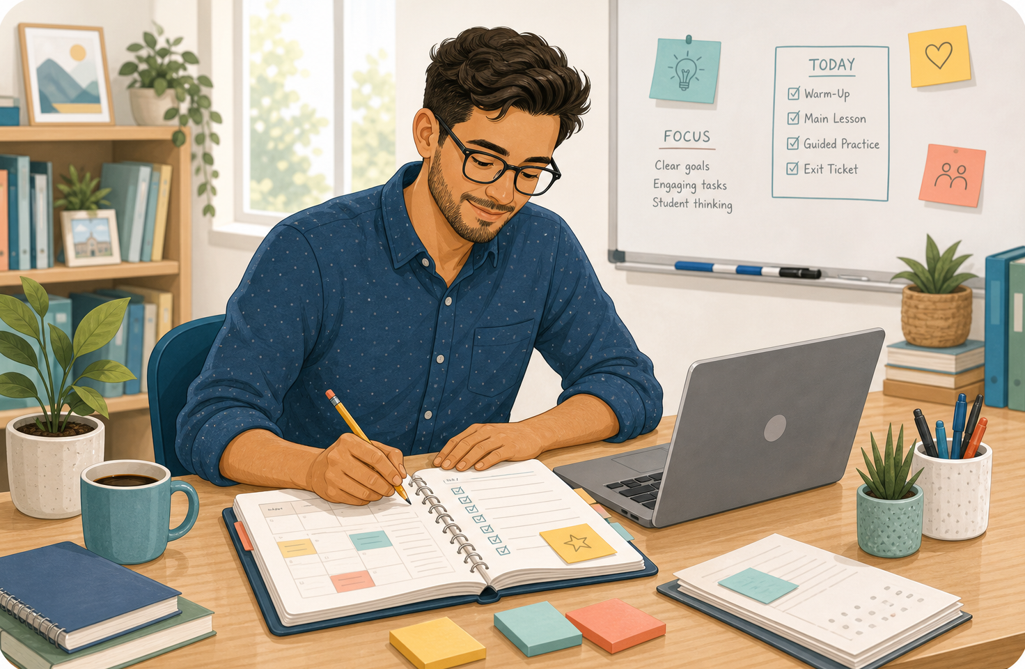 Illustration of a teacher making lesson plans at a desk